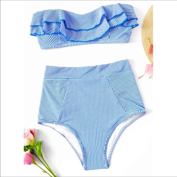 HIGH WAIST BLUE AND WHITE RUFFLE TOP FULLY LINED BIKINI SET - Picture 3 of 4